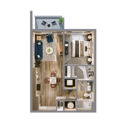 Floor plan for 1 bed, 1 bath, 607 sqft