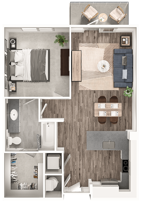 Floor plan for 1 bed, 1 bath, 735 sqft