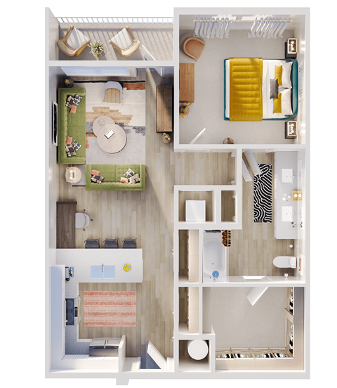 Floor plan for 1 bed, 1 bath, 821 sqft