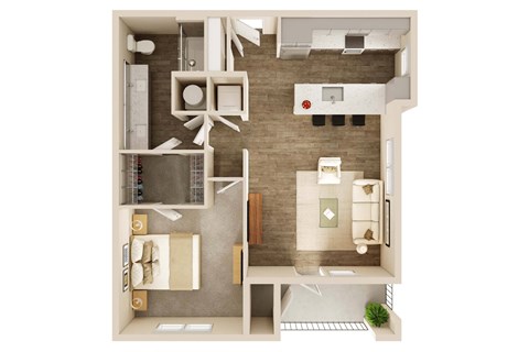 Floor plan for 1 bed, 1 bath, 857 sqft