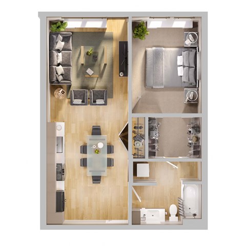 Floor plan for 1 bed, 1 bath, 713 sqft