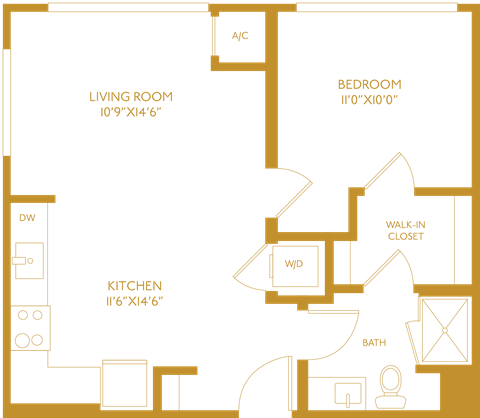 Floor plan for 1 bed, 1 bath, 603 sqft