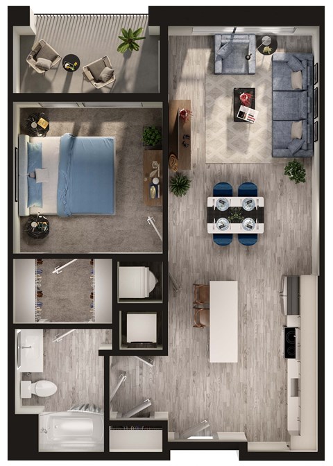 Floor plan for 1 bed, 1 bath, 734 sqft