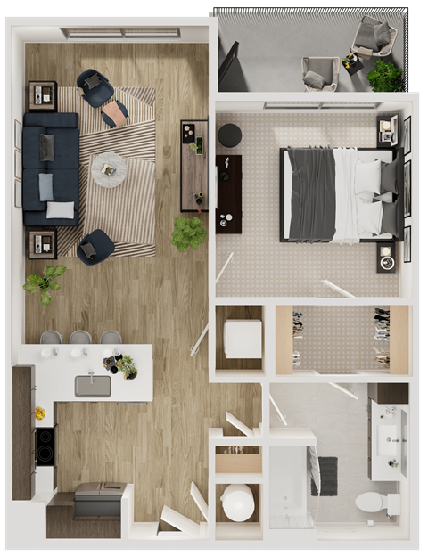 Floor plan for 1 bed, 1 bath, 740 sqft
