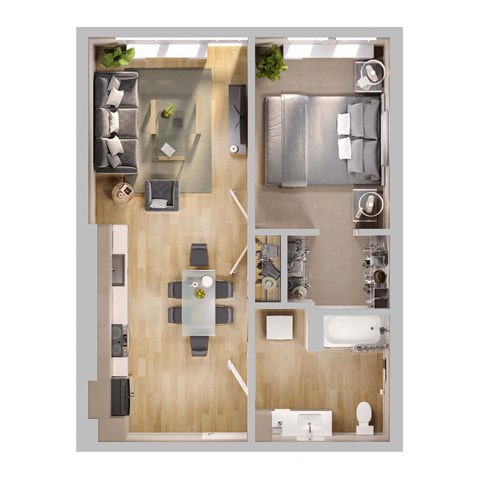 Floor plan for 1 bed, 1 bath, 713 sqft
