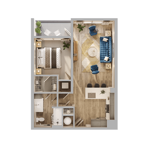 Floor plan for 1 bed, 1 bath, 713 sqft