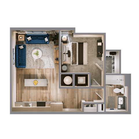 Floor plan for 1 bed, 1 bath, 610 sqft