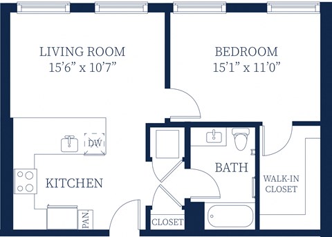 Floor plan for 1 bed, 1 bath, 748 sqft