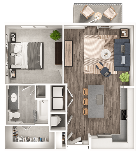 Floor plan for 1 bed, 1 bath, 752 sqft