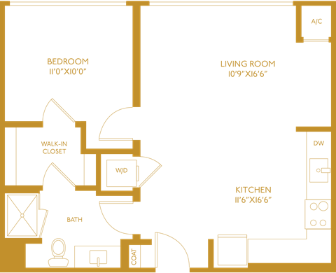 Floor plan for 1 bed, 1 bath, 676 sqft