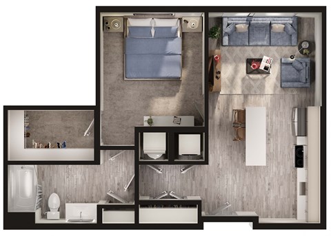Floor plan for 1 bed, 1 bath, 683 sqft