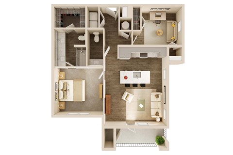 Floor plan for 1 bed, 1.5 baths, 977 sqft