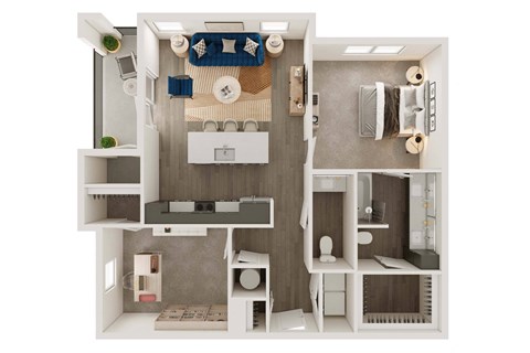 Floor plan for 1 bed, 1.5 baths, 931 sqft