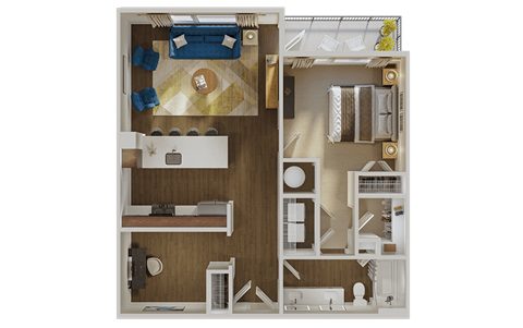 Floor plan for 1 bed, 1 bath, 905 sqft