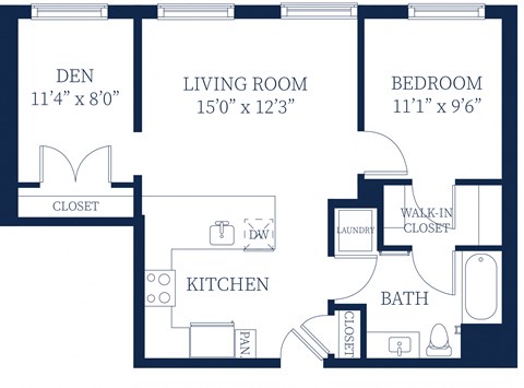Floor plan for 1 bed, 1 bath, 768 sqft