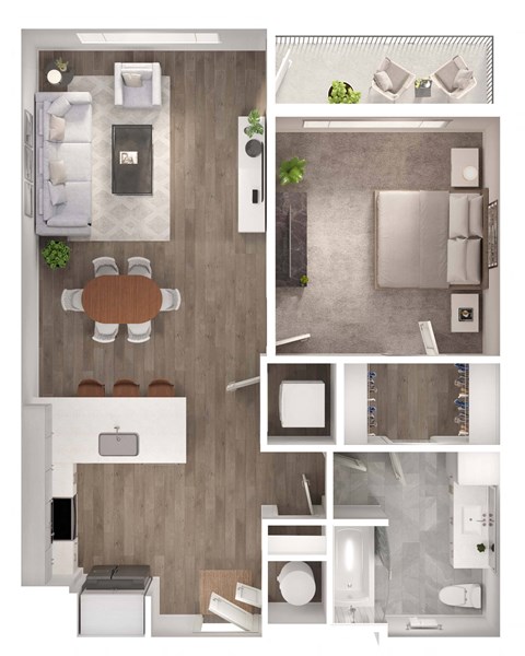 Floor plan for 1 bed, 1 bath, 768 sqft