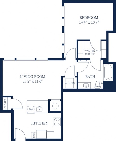 Floor plan for 1 bed, 1 bath, 790 sqft