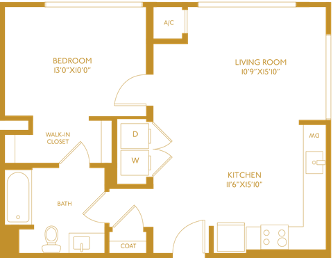 Floor plan for 1 bed, 1 bath, 702 sqft