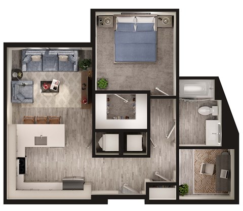 Floor plan for 1 bed, 1 bath, 743 sqft