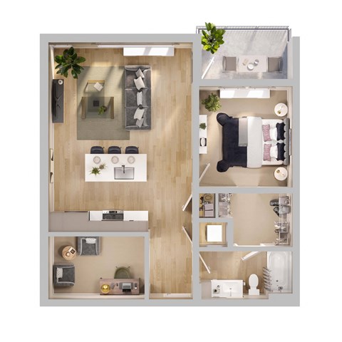 Floor plan for 1 bed, 1 bath, 837 sqft