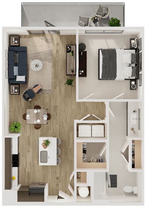Floor plan for 1 bed, 1 bath, 852 sqft