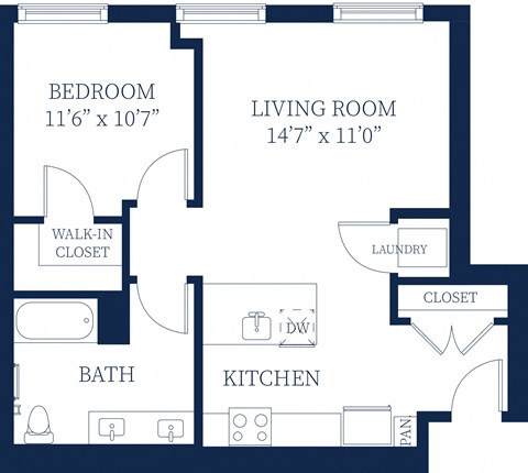 Floor plan for 1 bed, 1 bath, 792 sqft