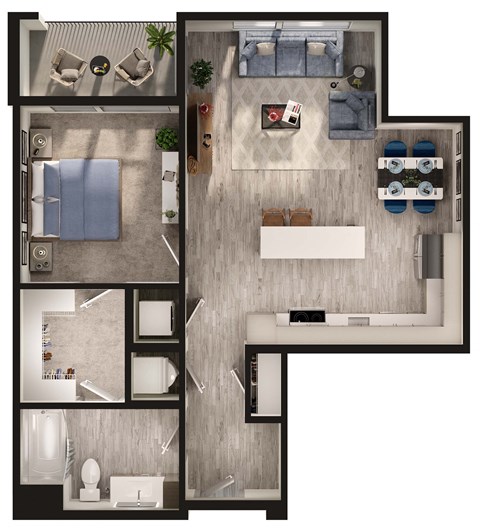 Floor plan for 1 bed, 1 bath, 770 sqft