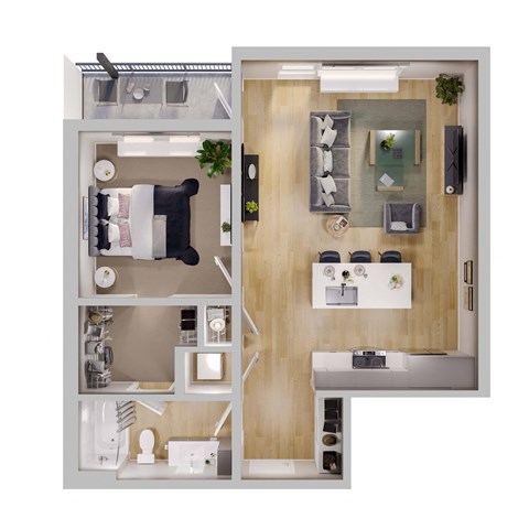 Floor plan for 1 bed, 1 bath, 857 sqft