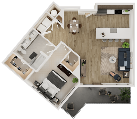 Floor plan for 1 bed, 1 bath, 897 sqft