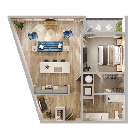 Floor plan for 1 bed, 1 bath, 909 sqft