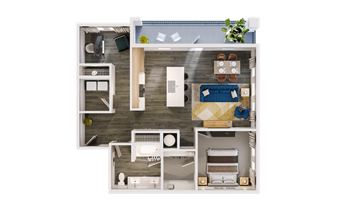 Floor plan for 1 bed, 1 bath, 986 sqft