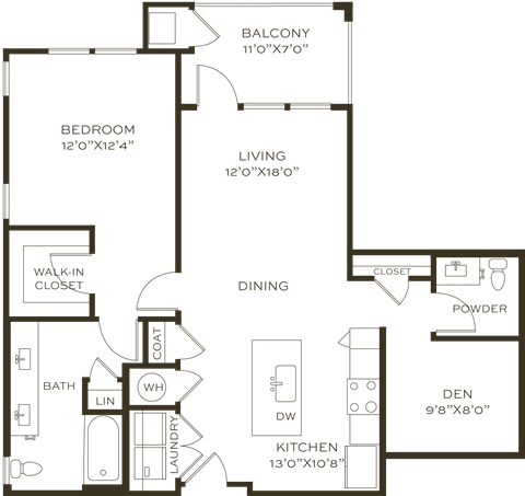 Floor plan for 1 bed, 1 bath, 937 sqft
