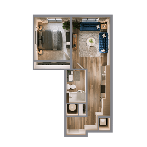 Floor plan for 1 bed, 1 bath, 633 sqft