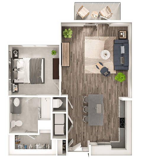 Floor plan for 1 bed, 1 bath, 824 sqft