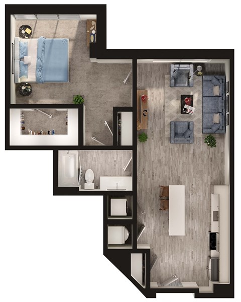 Floor plan for 1 bed, 1 bath, 844 sqft
