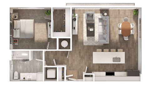 Floor plan for 1 bed, 1 bath, 838 sqft