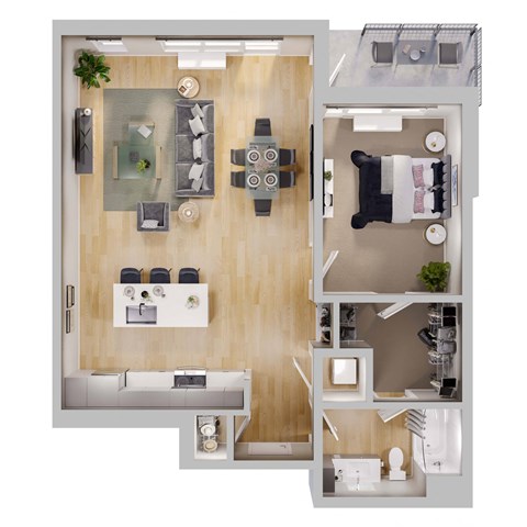 Floor plan for 1 bed, 1 bath, 957 sqft