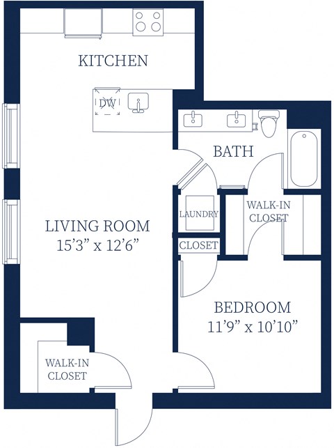 Floor plan for 1 bed, 1 bath, 805 sqft