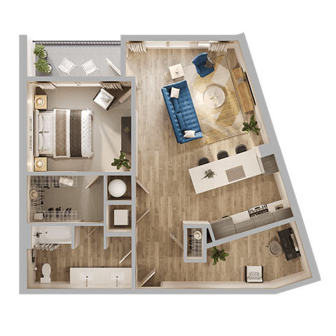 Floor plan for 1 bed, 1 bath, 957 sqft