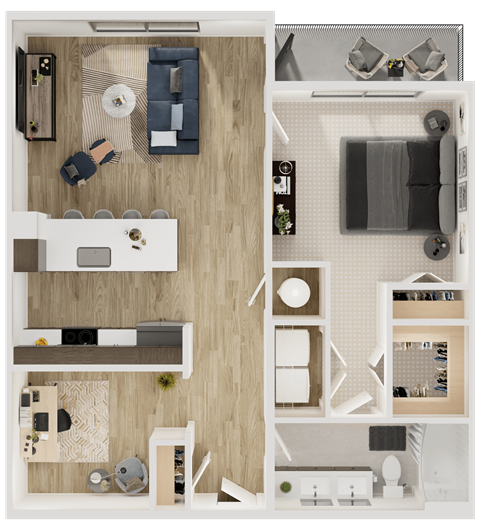 Floor plan for 1 bed, 1 bath, 917 sqft
