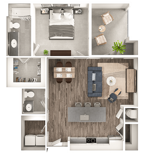 Floor plan for 1 bed, 1 bath, 885 sqft