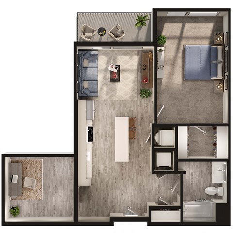 Floor plan for 1 bed, 1 bath, 919 sqft