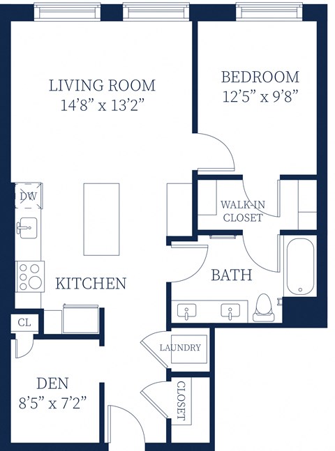 Floor plan for 1 bed, 1 bath, 837 sqft