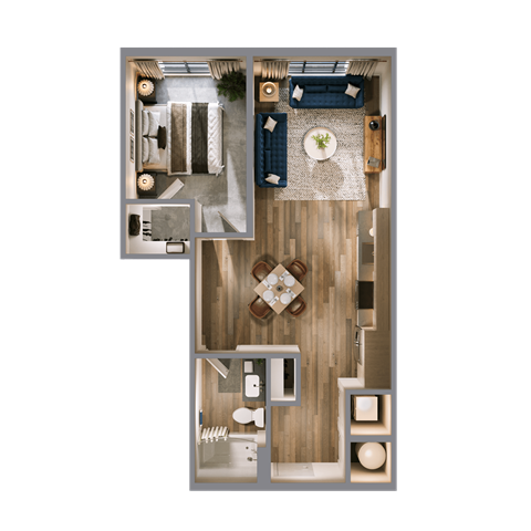 Floor plan for 1 bed, 1 bath, 689 sqft