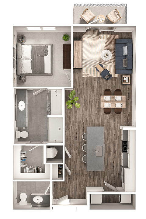 Floor plan for 1 bed, 1 bath, 923 sqft