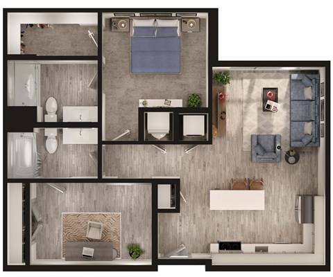 Floor plan for 1 bed, 2 baths, 913 sqft