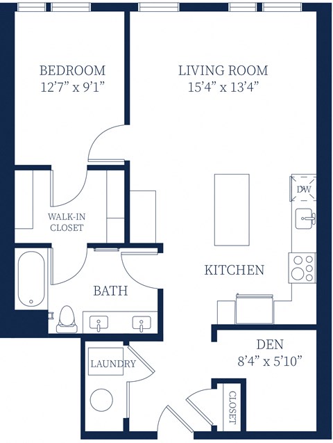 Floor plan for 1 bed, 1 bath, 879 sqft