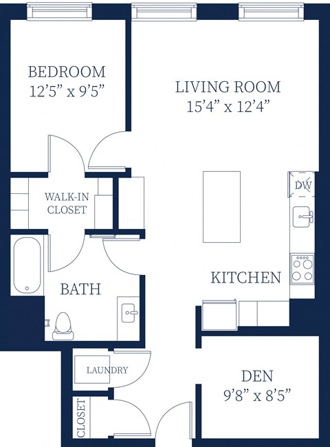 Floor plan for 1 bed, 1 bath, 897 sqft