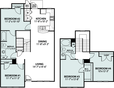 Floor plan for 4 beds, 2 baths, 1479 sqft