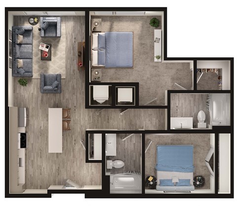 Floor plan for 2 beds, 2 baths, 943 sqft